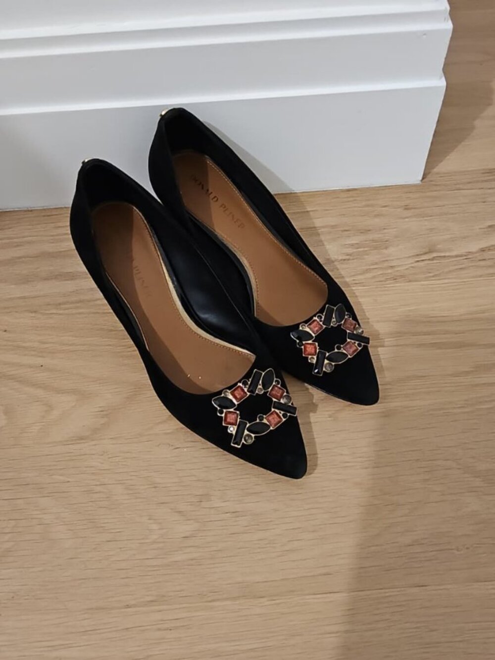 Donald Pliner Black Suede Jeweled Pointed Toe Block Heel Pumps 10